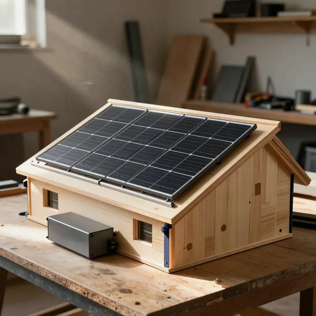 Miniature solar roof mockup with modules, rails and inverter shell on a workshop bench.