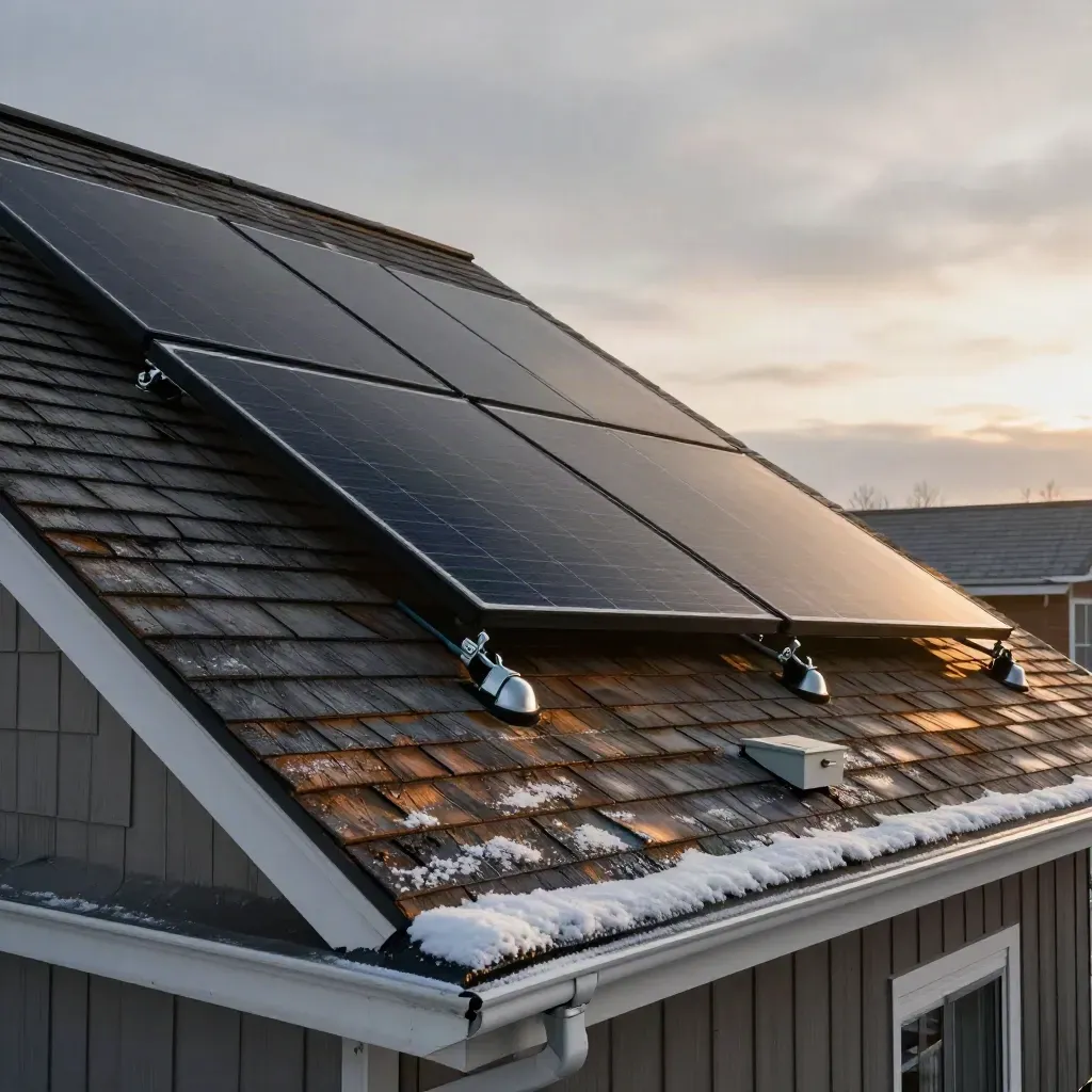 Fresh rooftop solar panels and clean wiring on a detached home under a gray winter sky
