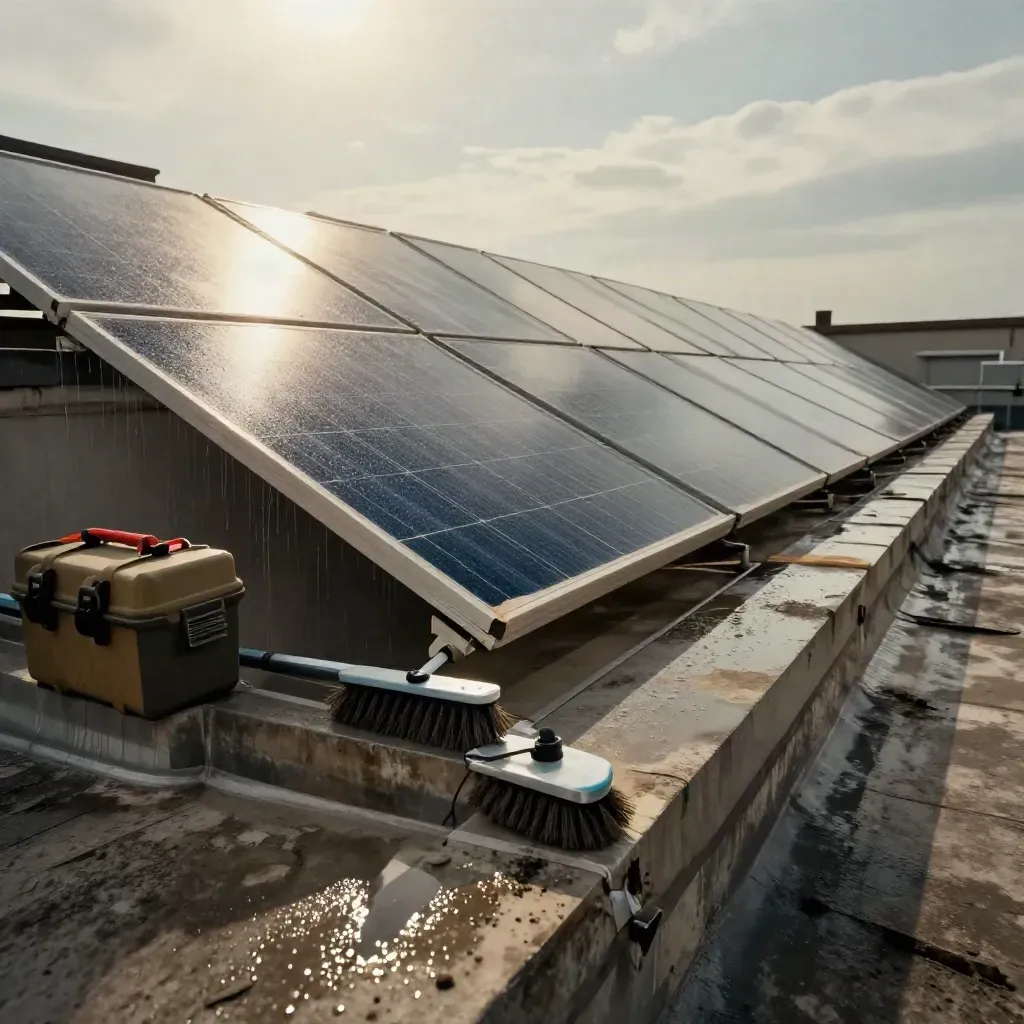 Wet rooftop solar panels gleam after service with brush and maintenance kit nearby.