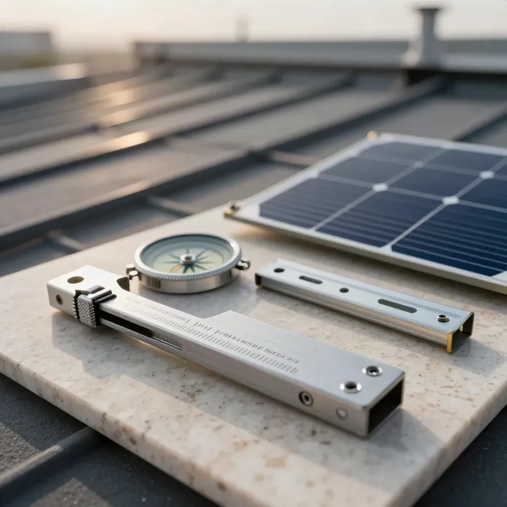 Solar tools on travertine: angle finder, sun compass, module sample, and rail segment.