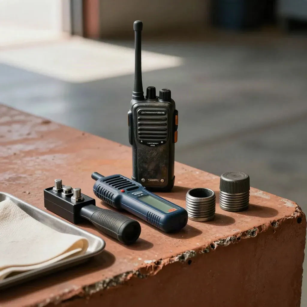 Service radio, breaker, tester and conduit cap on a terracotta garage ledge in soft daylight.