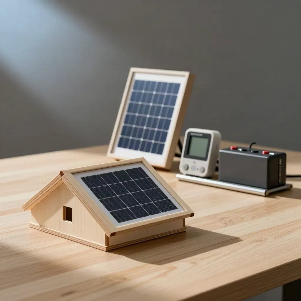 Roof mockup, solar panel sample and turned energy monitor on pale oak surface.