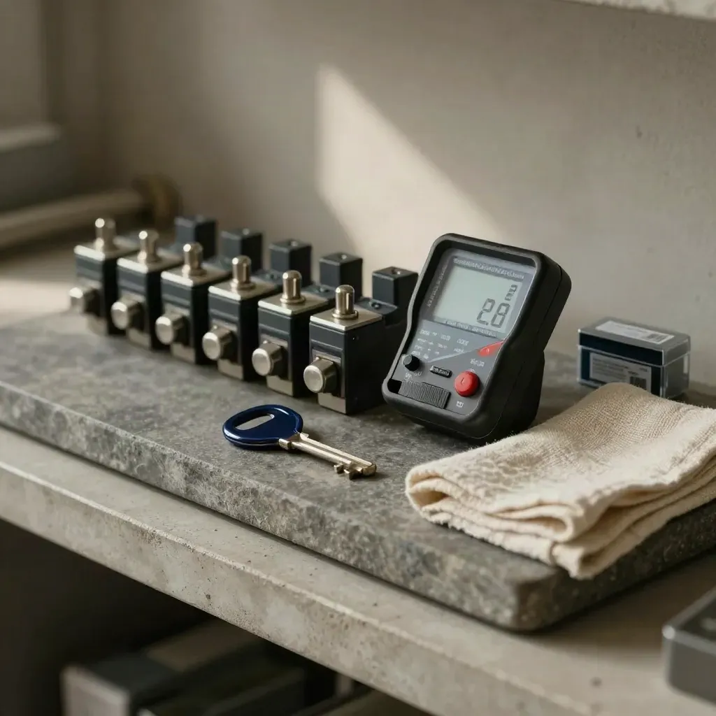 Top-down solar service tools on a concrete tray: breaker toggles, key, meter and fuse pack.