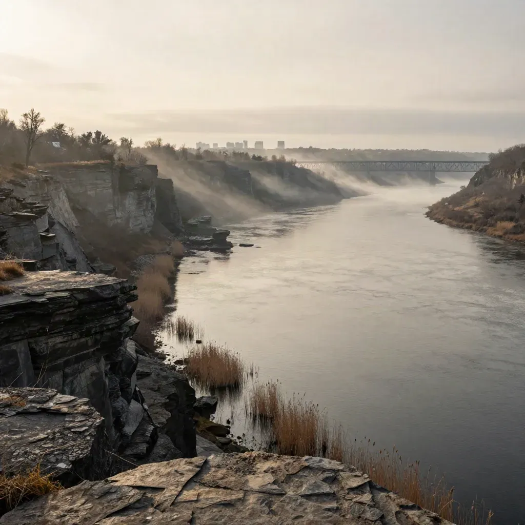 Ottawa Valley cliffs, bridge, and misty river under soft late light