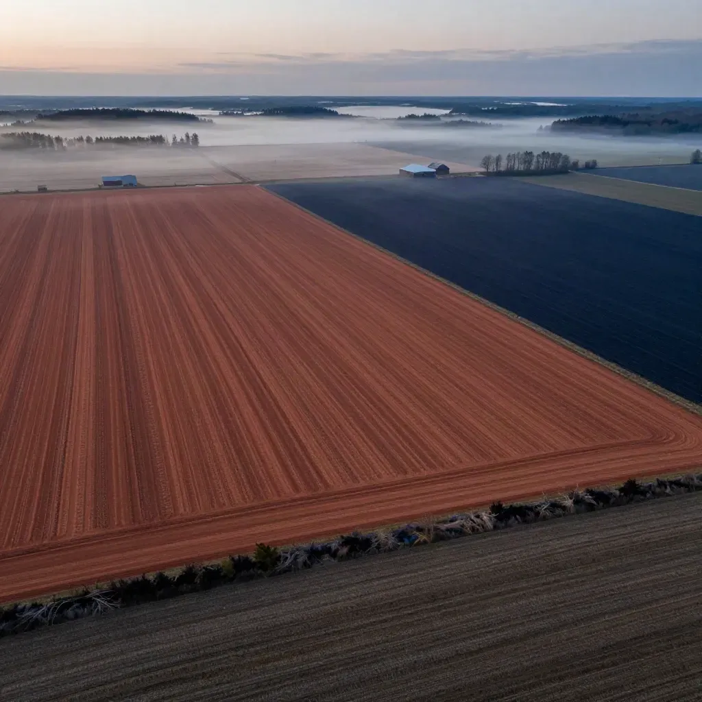 Foggy Southwest Ontario farmland at blue hour, with barn silhouettes and calm fields for copy.